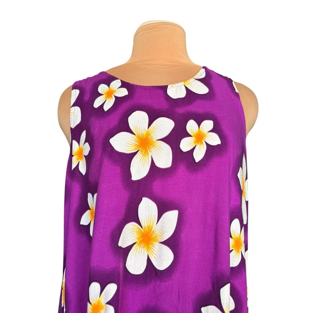 Vintage Purple Hawaiian Plumeria Floral Maxi Dress One Size Rayon Tropical Luau - Picture 2 of 11